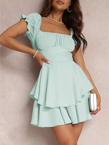 Women's Mini A-Line Dress Solid Color Ruffled Sleeves Square Neck Layered Hem Dress - 薄荷綠 - 查看 1