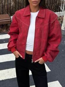 Red Washed Cropped Jacket: Contrast-Stitch Bomber Outerwear For Edgy Autumn Urban Street Style - Red - View 2