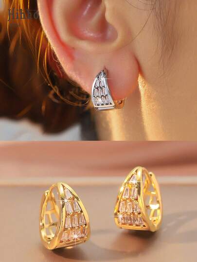 Hihho 一对双色镂空几何梯形耳环，线条简洁，层次分明，闪亮的梯形排列，兼具优雅与创意，适合工作和约会佩戴。