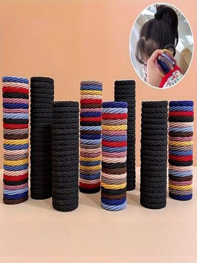 100 piezas de coleteros elásticos de alta calidad para mujeres y niñas - Lazos para el cabello suaves, sin costuras y sin daños, accesorios de moda diarios, colores surtidos: negro, rojo, rosa, beige, amarillo. Coleteros gruesos, sujetadores de coleta, bandas elásticas para el cabello, cuerdas para el cabello