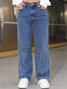 Women's Wide Leg Blue Jeans, High Waist, Wide Leg, 100% Cotton - 藍色 - 查看 2