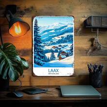 1 Piece Vintage Swiss Alps Metal Wall Decor Sign - LAAX Swiss Resort Map With Matterhorn-Like Mountains, Log Cabins, And Pine Trees - Vintage Travel Poster Suitable For Home, Bar, Office - Pre-Drilled Holes (11.8"X7.8"/30x20cm), 2D Flat, Perfect For Room Decoration - Multiple - View 2