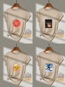 Customized Women's T-Shirt, Cotton Short Sleeve, Women's Sportswear, Input Your Text, Slogan, Blessing, Upload Your Own Photo (Partner Photo/Boyfriend Photo/Girlfriend Photo, Pet Photo, Group Photo) To Design Your Personalized Printed T-Shirt - Khaki - View 2