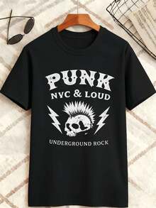 T-shirt punk rock à motif tête de mort, noir, coton premium, coupe décontractée, style streetwear hip-hop, confortable, imprimé accrocheur - Noir - Voir 2