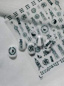1 Sheet Chinese Taoist Talisman Themed Nail Art Stickers, Featuring Taoist Talismans, Yin Yang, Bagua, Flames, Seals, Coins, Mudras, Cloud Patterns, Chains, Embodying Chinese And Dark Occult Aesthetics, Suitable For Those Pursuing Individuality And Interested In Chinese Mystical Culture Nails - Black - View 5