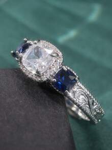 Classic Fashionable Blue & White Cubic Zirconia Ring, Perfect Accessory For Women's Wedding Jewelry And Anniversary Gift - Blue - View 4