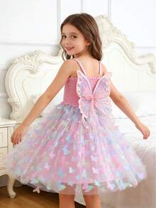 1pc Young Girl Gorgeous  Princess Dress With 3D Butterfly Decoration, Rainbow-Colored Straps, Perfect For Parties, Birthdays Or Summer Gifts - Pink - View 2