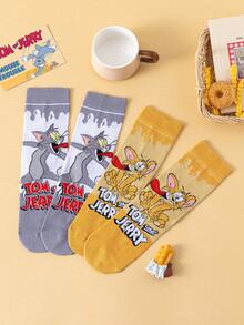 Noctvar OBM Sleepwear X TOM & JERRY 2双猫鼠图案女士中筒袜，可爱卡通爱心设计男士袜子，趣味猫鼠时尚夏季透气休闲男女通用袜，卡通图案，适合学生/成人作为礼物或日常穿着，情侣款。 - 彩色 - 查看 4