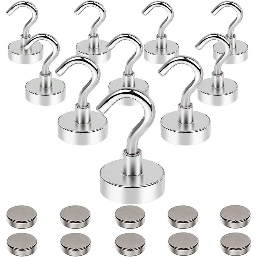 高强度磁性挂钩，无需钻孔。可使用磁铁和粘合剂固定，无需钉子。适用于冰箱、厨房、烧烤架、车库和储物空间。无损墙面磁性挂钩、重型磁性地板挂钩、冰箱磁吸挂钩、超强磁性挂钩。