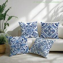 4pcs Watercolor Blue And White Porcelain Tile Art Print Cushion Cover (No Pillow Insert), Made Of Polyester Fabric, Single-Sided Printing, 17.7*17.7in(45*45cm)/19.69*19.69in(50*50cm)/15.75*15.75in(40*40cm), Baroque Style Decorative Pillow Case For Sofa, Bed, Bedroom, Office, Hotel, All Season, Gift - Multicolor - View 9