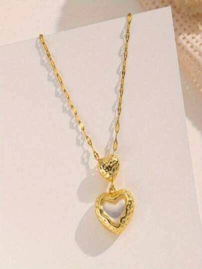 1pc Gold Stainless Steel Chain Cubic Zirconia Heart Pendant Necklace, Creative Personality Design, Luxury Retro Unisex Minimalist Fashion Versatile Necklace For Men & Women, Suitable For Daily, Holiday, Party Wear (OPP Bag Packaging)