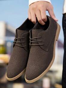 男士棕色复古哑光皮革经典切尔西靴，简约百搭系带粗跟舒适防滑德比靴，秋季英伦风商务时尚尖头皮靴 - 棕色 - 查看 3