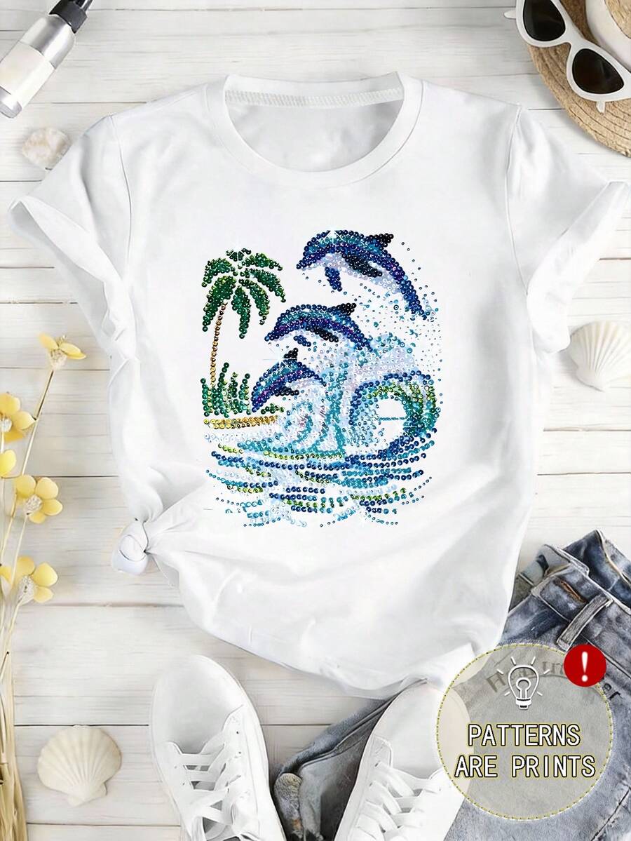 Plus Size Short Sleeve Round Neck Dolphin Print Tee High Stretch Regular Fit T-Shirt Casual Vacation White Summer - White - View 1