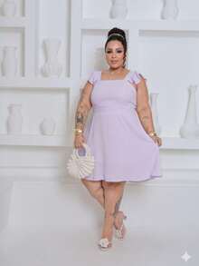 Short Plus Size Dress In Duna Fabric With Ruffle On The Straps And Elastic On The Back, Lined GG G2 - 紫丁香 - 查看 2