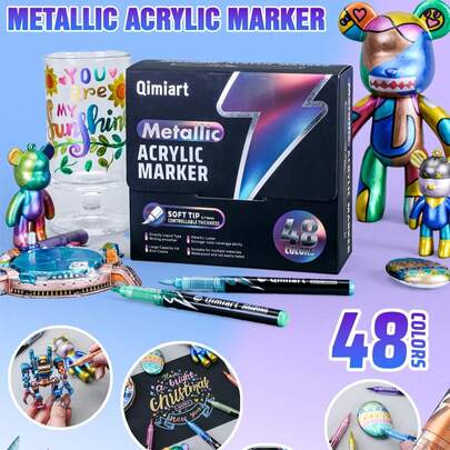 1 Box Metallic Acrylic Markers, 48 Colors, Liquid Metallic Signature Pens, Suitable For Signing On Ceramic, Glass, Plastic And Other Materials, Essential For School And Office, Great For April Fool's Day, Easter Gifts, Back To School Supplies