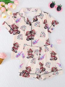 2pcs/Set Tween Girls Casual Milk Tea Graphic Print Polo Collar Short Sleeve Cardigan And Shorts Pajama Set, All Season - Apricot - View 1