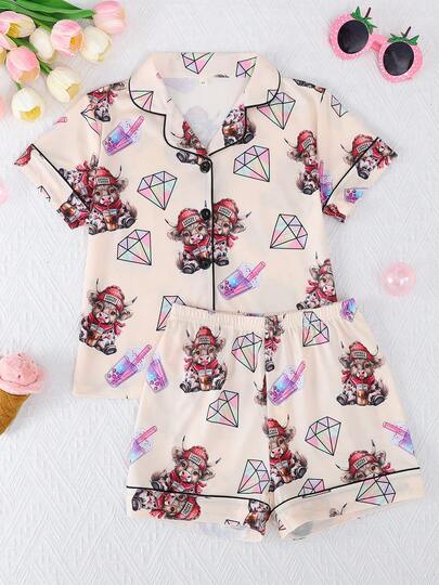 2pcs/Set Girls & Teens Casual Milk Tea Graphic Print Polo Collar Short Sleeve Cardigan And Shorts Pajama Set, Flame Retardant, All Season