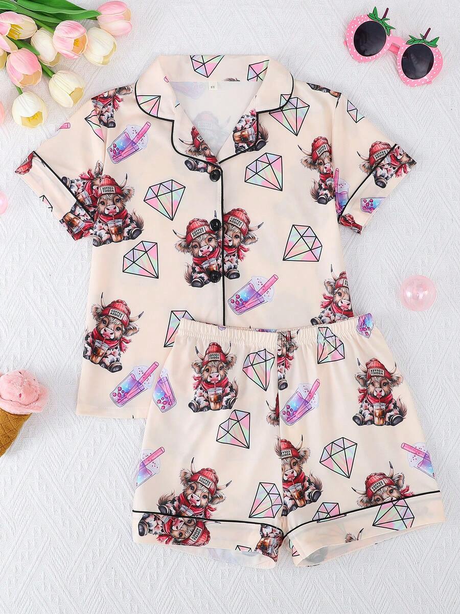 2pcs/Set Tween Girls Casual Milk Tea Graphic Print Polo Collar Short Sleeve Cardigan And Shorts Pajama Set, All Season - Apricot - View 1