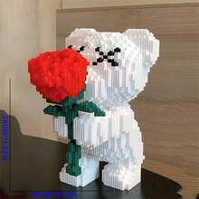 2996pcs Rose Bear Building Blocks Set, Romantic Bear Holding Rose, Ideal Gift For Couples And Parents, DIY Assembly - Multicolor - View 6