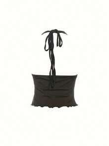 European And American Style 2025 Summer New Women's Clothing, Sexy Lace-Up Hollowed-Out Ruffled Halter Neck Crop Top - 黑色 - 查看 5