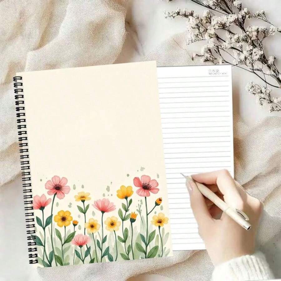 1本A4尺寸花卉图案螺旋笔记本，简约艺术风格，封面饰以盛开的彩色花朵和绿叶，营造自然美好的氛围。内页为横线纸，书写流畅，适合日常笔记、日记、灵感记录，为您的写作时光增添一丝诗意和温暖。 - A40002014 - 查看 1