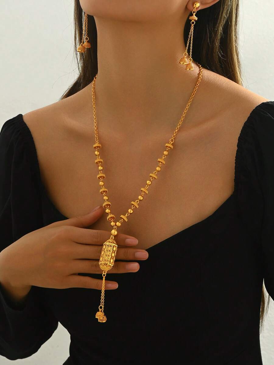 Bộ 3 món đồ cổ điển độc đáo gồm vòng cổ và bông tai hình đèn lồng vàng tua rua, quà tặng Trung Đông cho tiệc tùng, đám cưới nhân dịp Ramadan. - Vàng - Xem 1