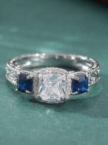 Classic Fashionable Blue & White Cubic Zirconia Ring, Perfect Accessory For Women's Wedding Jewelry And Anniversary Gift - Blue - View 5