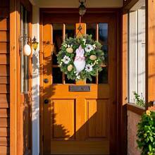 15.75 Inch Easter Wreath With Colorful Eggs & Flowers - Artificial Spring Decorative Door Wreath For Indoor Outdoor Wall Mantel Wedding Party Decor, Easter Holiday Gift - Xanh lá và Hồng - Xem 3