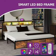 BALCONERA Super King Size Brown Metal Platform Bed Frame, LED With Headboard, Type-C USB Ports & Charging Outlets, No Box Spring Required - Brown - View 4