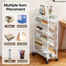 LOVEWE 5-Tier/6-Tier Heavy-Duty Rolling Cart With Lockable Wheels – Metal Shelf For Home, Office, Library – Sturdy Mobile Bookshelf & Organizer Cart, Easy Assembly - Năm lớp màu trắng - Xem 6