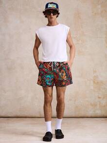 MAISONFOX Men's Skull Print Drawstring Waist Shorts With Pockets, Unique Fashion Beach Holiday Casual Shorts, Hawaiian & Campus Style - Multicolor - View 6