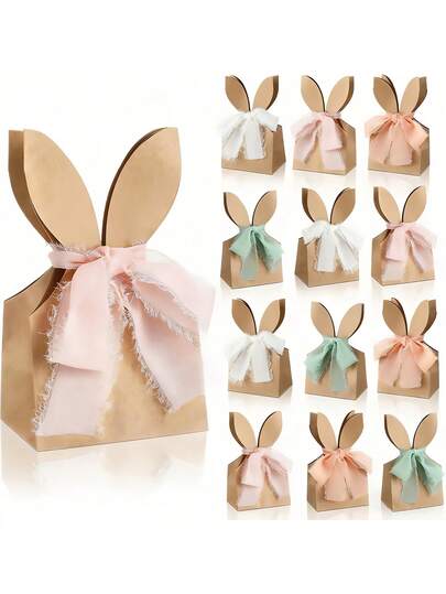 16件套复活节可爱兔子纸质礼盒套装包含12个礼盒、4卷丝带、一个精美的蝴蝶结丝带装饰盒，适用于派对礼物、零食包装盒，可用于复活节派对、婚礼、生日派对等场合。