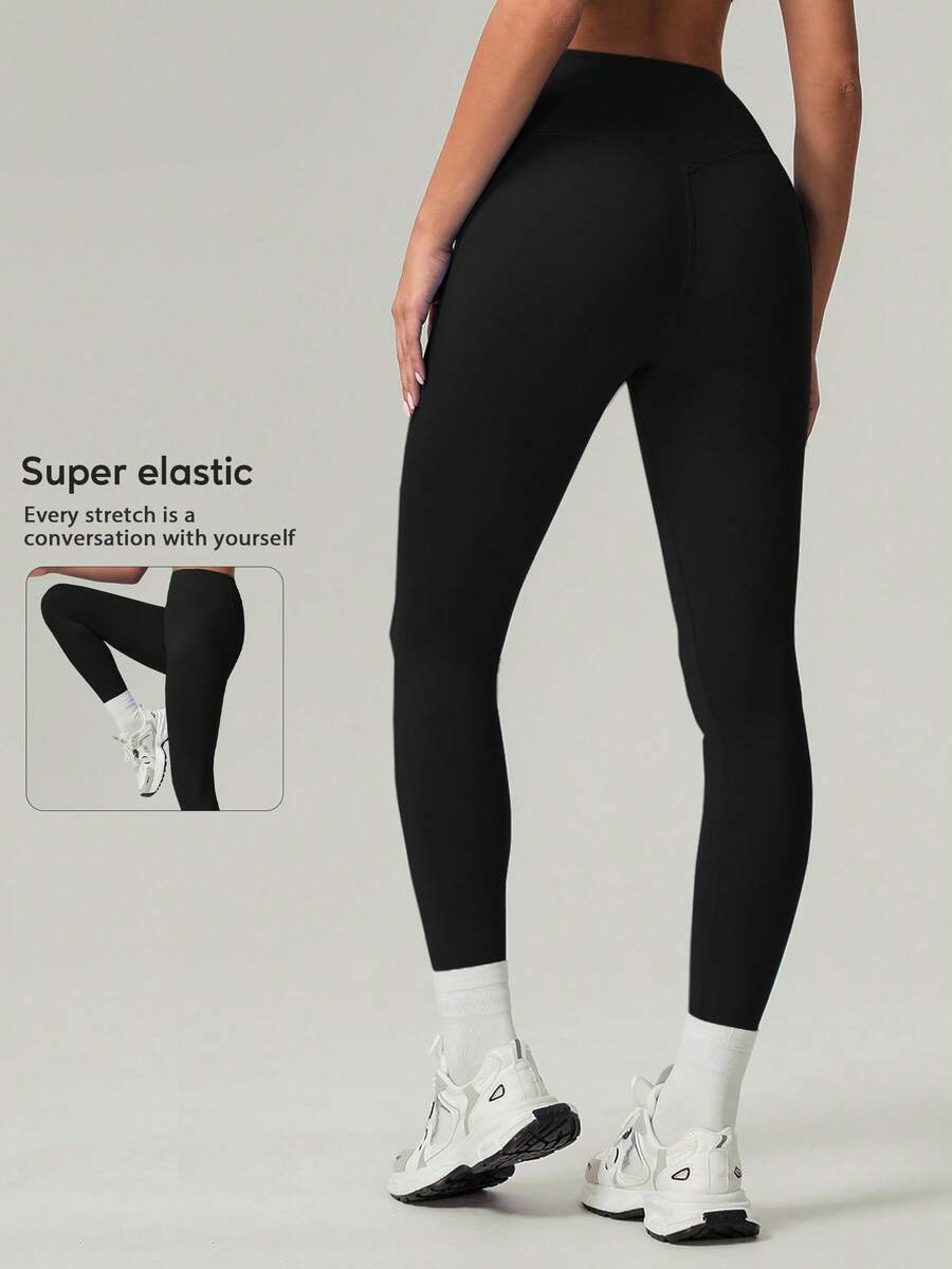 Women's Solid Color Front Seam Back Deep V Buttock Line Running Outdoor Exercise Yoga Legging Pants - Black - View 1