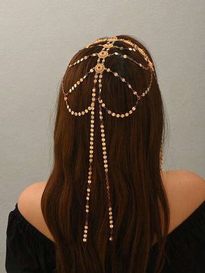 一件优雅的中世纪阿拉伯风格头饰，配有流苏发链，适合女性舞台表演、节日和宴会场合。