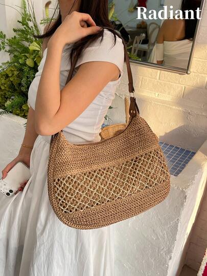 Summer Vacation Bag, Openwork Woven Straw Underarm Bag, Crescent Bag, Women's Shoulder Bag, Large Capacity, Zipper Closure, Adjustable Shoulder Strap, Can Hold Mobile Phone, Sunscreen, Cosmetics, Etc., Suitable For Summer Shopping, Picnics, Vacations, Dates, Beach, And Everyday Wear.