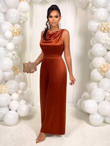 AIJ Amarilo Women's Solid Satin Wide Leg Jumpsuit - Sleeveless Cinched Waist, Elegant For Commuting, Spring/Summer - Reddish Brown - View 4