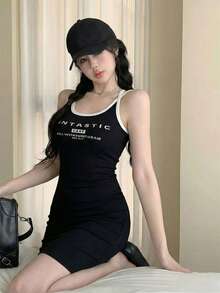 2026 Spring Summer Women's Sleeveless Dress - Elegant Casual Sweet Letter Print Ribbed Bodycon Cami Dress For Daily Hangout Party - Black - View 6