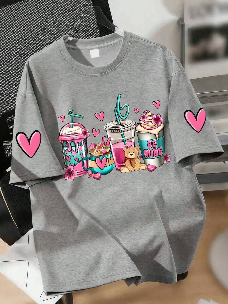 Tween Girl Dessert And Heart Print Crew Neck T-Shirt Summer Girls Casual T-Shirt Soft Top - Grey - View 1