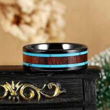 8毫米时尚黑色不锈钢戒指，镶嵌合成绿松石和木纹，独特叠戴戒指，扁平造型，佩戴舒适，珠宝礼品 - 雙邊綠松石木紋 - 查看 4