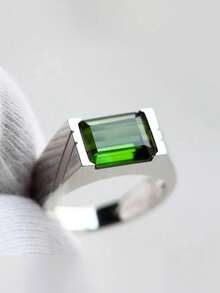 1pc Men's Fashion Minimalist Luxury Emerald Zirconia Ring, Wedding Engagement Party Jewelry Gift - Silver - View 9