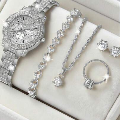 Juego de 6 piezas de relojes de cuarzo de lujo y elegantes para mujer, juego de joyas de plata para mujer (incluye un reloj de cuarzo cronógrafo de aleación de plata con correa totalmente enjoyada con diamantes, pulsera de plata con forma de corazón enjoyada con diamantes, collar de plata con colgante enjoyado con diamantes, pendientes de plata enjoyados con diamantes, anillo de plata enjoyado con diamantes)