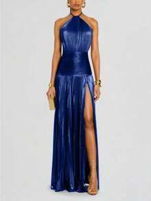 Sleeveless Backless Women's Metallic Pleated Split Strap Neck Dress - 藏蓝色 - 查看 1