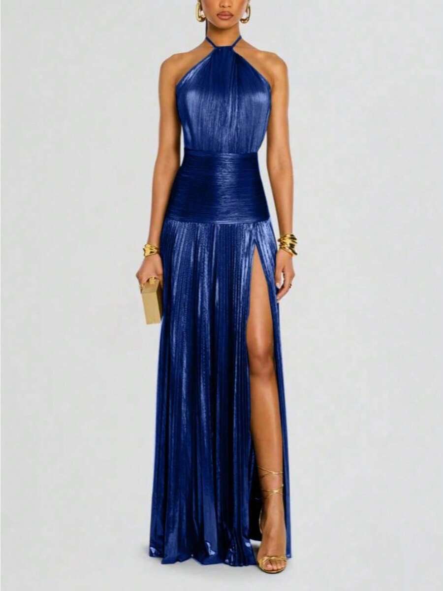 Sleeveless Backless Women's Metallic Pleated Split Strap Neck Dress - 藏蓝色 - 查看 1