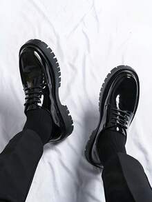 Men's Leather Lace Up Platform Oxfords Round Toe Chunky Heel Lug Sole Heightening Soft Bottom Derby Casual Shoes Classic Work Office Business Dress Shoes - 黑色 - 查看 7