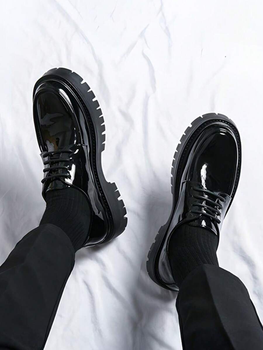 Men's Leather Lace Up Platform Oxfords Round Toe Chunky Heel Lug Sole Heightening Soft Bottom Derby Casual Shoes Classic Work Office Business Dress - màu đen - Xem 1