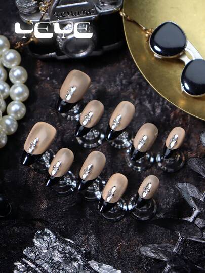 10pcs Fake Nails Press On Almond French Tip,Brown Cat Eye,Black Finger Tip,3d Tthree-Dimensional Decoration Rhinestone Decor,Elegant Nordic Full Coverage Fake Nails Acrylic Medium Length Handmade Set,Nail Supplies Art Includes 1 Mini Nail File And 1 Adhesive Sheet, Suitable For Women And Girls,For Daily Use, Party, Weddings, Music Festival,New Year,Etc