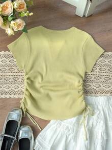 2-In-1 Knit Short Sleeve T-Shirt, Women Summer Lightweight Design Cinched Waist Top - Green - View 7