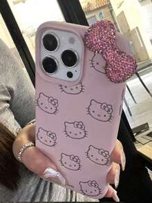 Sanrio 1pc Red Leather Texture Cartoon 3D Hello Kitty Bow TPU Shockproof Protective Phone Case Suitable For IPhone11/12/13/14/15/16/17/PROMAX - Pink - View 2