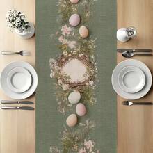 1pc Table Runner,Table Cover,Easter Eggs And Nest Pattern Design With Floral Elements,Green Tone,For Easter,New Year's Day,Valentine's Day,Mother's Day,Father's Day And More,Suitable For Home,Restaurant,Cafe,Kitchen,Dining Table,Coffee Table,Buffet Table - Green - View 7