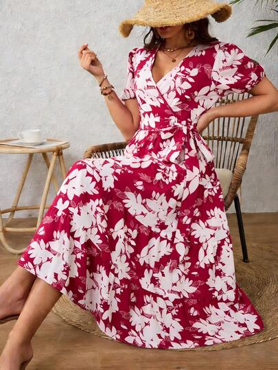 Elegante Vestido Largo Para Mujer,Vestido Escote Profundo V,Vestido Con Cinturón De Tela,Vestido Estampado Vintage,Vestido Mangas De Farol Para Primavera Y Verano